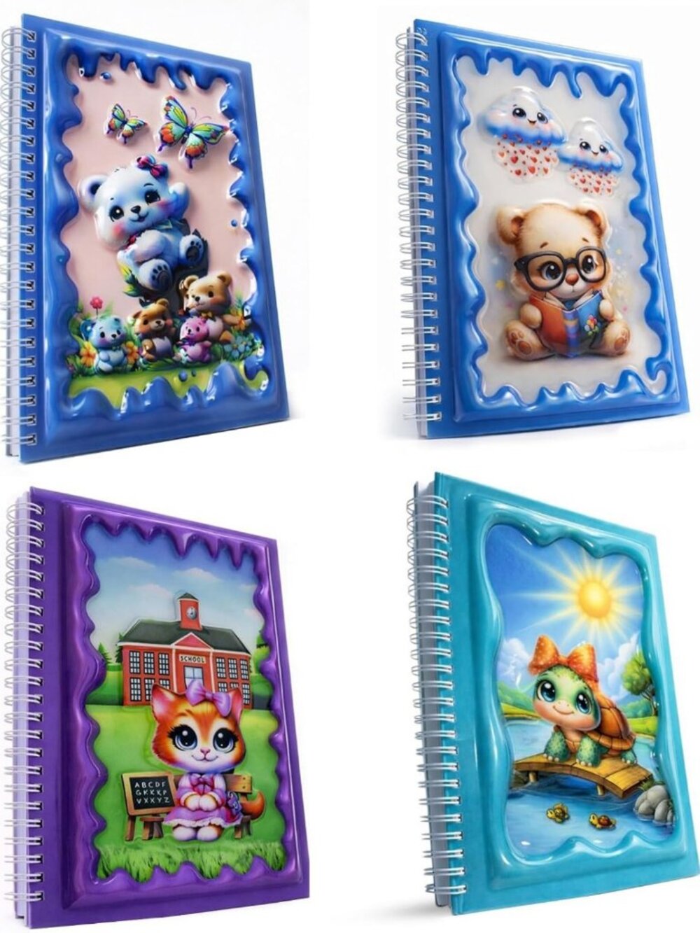 Cute 3D Glossy Spiral Notebooks - 4-Pack for Kids, 160 Pages Each, School